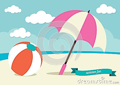 Beach Ball and Sun Umbrella Vector Illustration