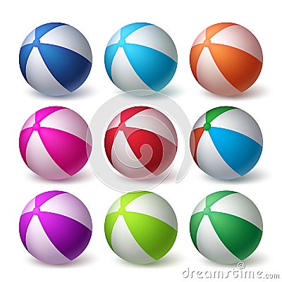 Beach Balls Vector Set in Colorful 3D Realistic Rubber Vector Illustration