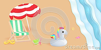 Beach banner. Beach umbrella, chair, baby bucket. Cute white unicorn. Life ring. Against a background of sand and sea. Realistic Vector Illustration