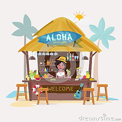 Beach bar with bartender character. cafe-bar bungalows Cartoon Illustration