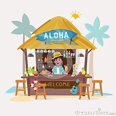 Beach bar with bartender character. cafe-bar bungalows Vector Illustration