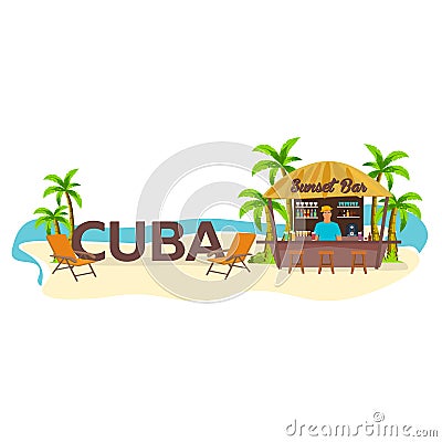 Beach Bar. Cuba. Travel. Palm, drink, summer, lounge chair, tropical. Stock Photo