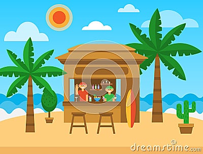 Beach bar. Exotic summer restaurant on sea coast. Beach bar with cocktails, fruit shakes, alcohol drinks. Summer party Vector Illustration
