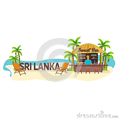 Beach Bar. Sri Lanka. Travel. Palm, drink, summer, lounge chair, tropical. Stock Photo