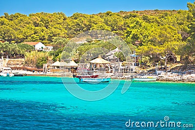 Beach bars in Palmizana bay, leisure destination in Hvar archipelago of Croatia Stock Photo