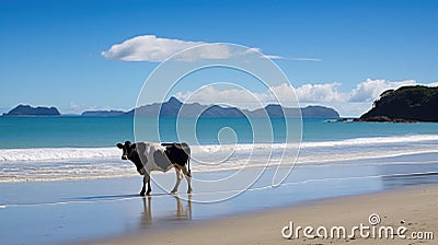 Beach Bliss: A Black and White Cow Grazing on a Pristine South Sea Shore. Generative AI Stock Photo