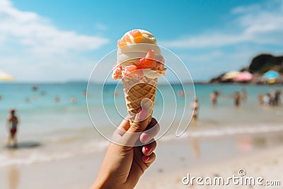 Beach bliss Hand holding ice cream with a sea background Stock Photo