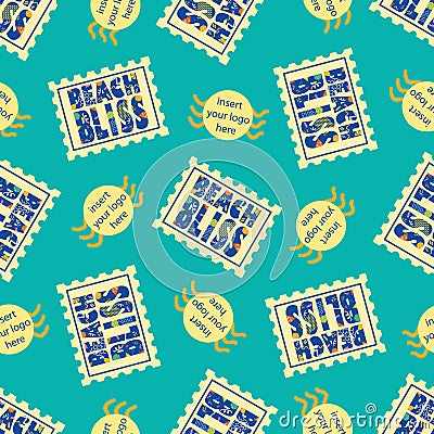 Beach bliss typography with placeholder for business logo. Vector seamless pattern background.Aqua blue and yellow Vector Illustration
