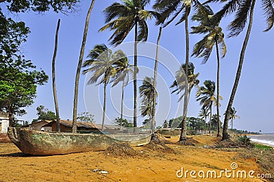 Beach, boat and palm trees on the shores of ocean Stock Photo