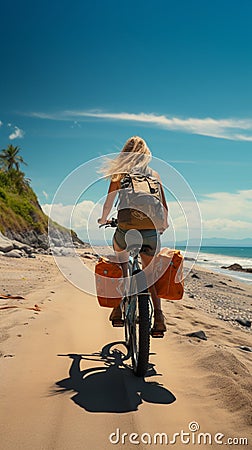 Beach bound cyclist Rear view of a woman with a surfboard on her bike Stock Photo