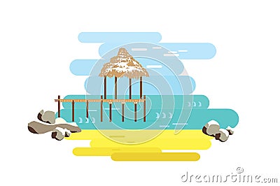 Beach and bungalow, pier. View over the sea. Flat vector Vector Illustration