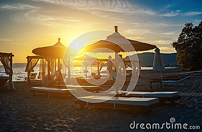 Beach cabana beds and sun loungers Stock Photo