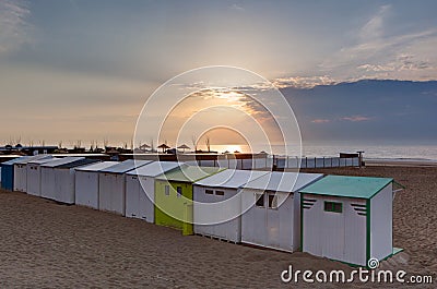 Beach cabins North Sea Sunset Blankenberge, Flanders, Belgium Stock Photo