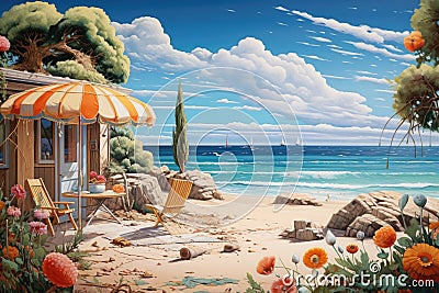 Beach cafe on the beach. 3D rendering. Digital illustration, Sommer, Sonne, Strand und Meer im Urlaub, AI Generated Cartoon Illustration