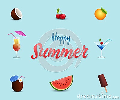 Beach cafe vector banner template. Sweet summertime desserts, watermelon, ice cream, cherries. Summer cocktails, alcohol Vector Illustration