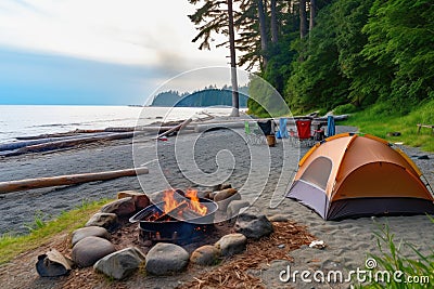a beach campsite with tents and a fire pit Stock Photo