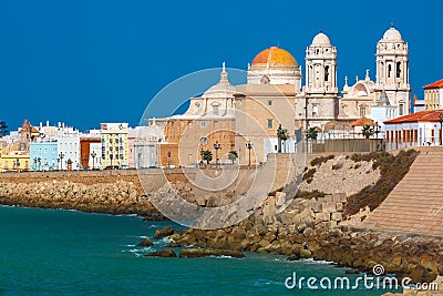 Beach and Cathedral in Cadiz, Andalusia, Spain Stock Photo