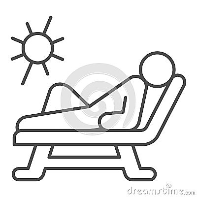 Beach chair and a man relaxing in sun thin line icon, Aquapark concept, Man sunbathing sign on white background, Person Vector Illustration