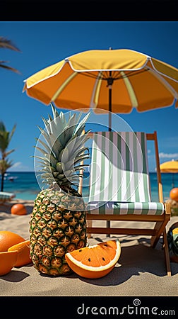 beach chair with umbrella,palm tree,lifebuoy,seaside,pineapple, sunglasses,suitcase Stock Photo