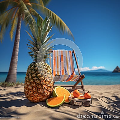 beach chair with umbrella,palm tree,lifebuoy,seaside,pineapple, sunglasses,suitcase summer travel concept Stock Photo