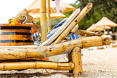 Beach chair and umbrella on sand beach. Concept for rest, relaxation, holidays, spa, resort Stock Photo