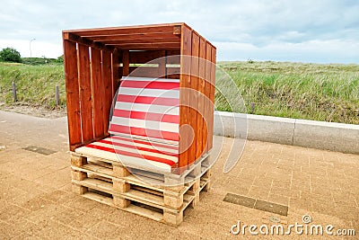 Beach chair, from wooden boards and Euro pallets, Schleswig-Holstein, Germany Stock Photo