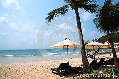 Beach chairs and coconut palm trees at Samed island. Stock Photo
