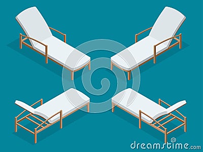 Beach chairs isolated on blue background. Wooden beach chaise longue Flat 3d isometric vector illustration. Vector Illustration