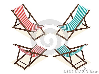 Beach chairs isolated on white background. Wooden beach chaise longue Flat 3d isometric vector illustration. Vector Illustration