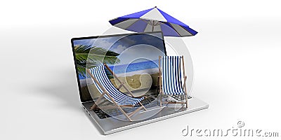 Beach chairs and umbrella on a laptop - white background. 3d illustration Cartoon Illustration