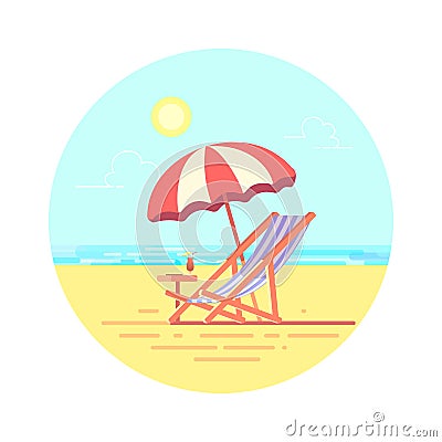 Beach chaise longue with umbrella vector flat illustration. Vector Illustration