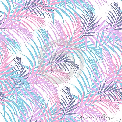 Beach cheerful seamless pattern wallpaper of tropical candy-color palm leaves of palm trees on a white background. Cartoon Illustration