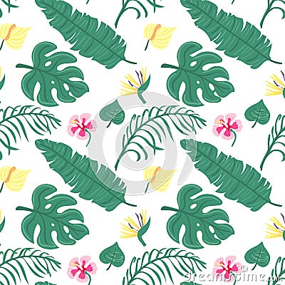 Beach cheerful seamless pattern wallpaper of tropical dark green leaves of palm trees and flowers bird of paradise Vector Illustration