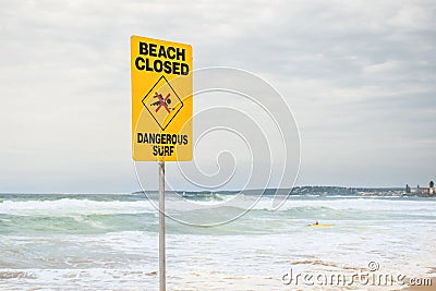 Beach closed sign for swimmers at the beach in Australia. Dangerous current and high waves Stock Photo