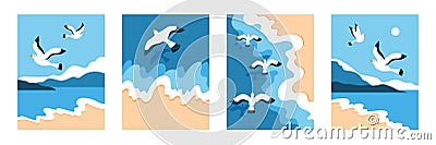 Beach coast. Midnight nature with sea gull, ocean landscape top view, flying bird. Vertical posters collection, travel Vector Illustration