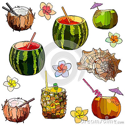 Beach cocktails in coconut, pineapple and watermelon and shell with flowers Vector Illustration