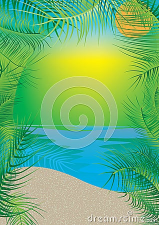 Beach coconut leaves frame green bright Vector Illustration