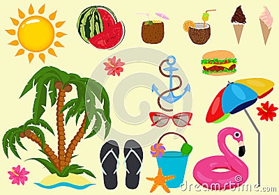 Beach color icon set, summer symbols collection, vector sketches, logo illustrations, vacation signs flat realistic Vector Illustration