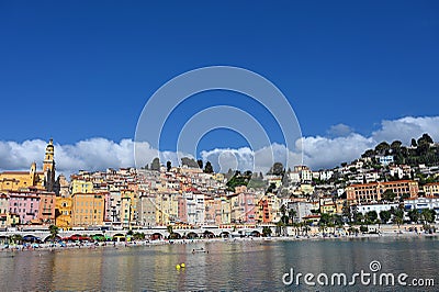 Beach and colorful old buildings in Menton France Editorial Stock Photo