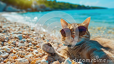 Beach-cool cat lounges with swagger in sunglasses, the epitome of feline chic by the shore, Ai Generated Stock Photo