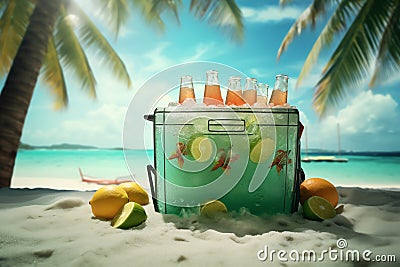 A beach cooler filled with refreshing drinks realistic tropical background Stock Photo