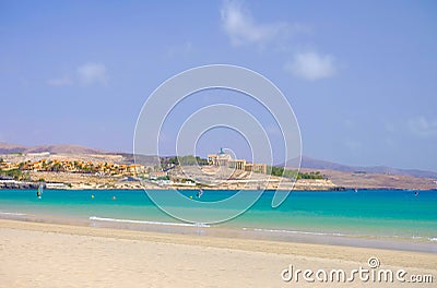 Beach Costa Calma on Fuerteventura with resorts, Canary Islands Stock Photo