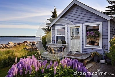 a beach cottage with lavender-colored walls surrounded by coastal flora Stock Photo