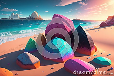 A beach covered in lots of color rocks, Mystical Stock Photo