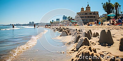 The beach day is in full swing: people on colored towels, children build sand castles, and the wav Stock Photo