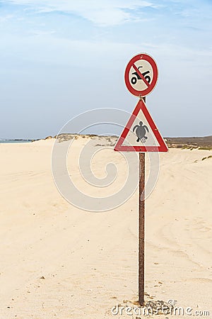 Beach driving prohibited sign Turtle nesting Boa Vista Stock Photo