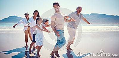 Beach, family playing and running together on holiday, generations walking on ocean sand. Fun, vacation and happy men Stock Photo