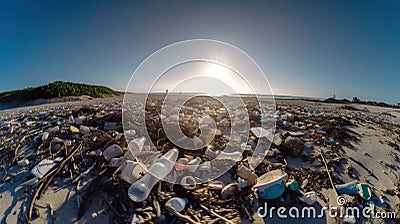 A beach filled with lots of trash next to the ocean. AI generative image Stock Photo
