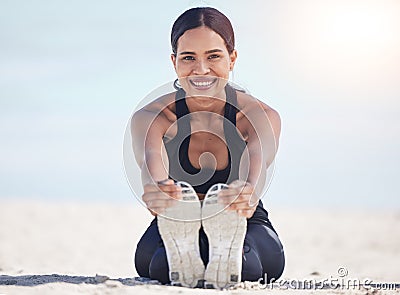 Beach, fitness and woman portrait stretching feet in nature for running, workout or body, exercise or wellness. Shoes Stock Photo
