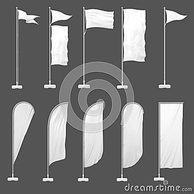 Beach flag. Outdoor banner on flagpole, stand blank flags and empty advertising beachfront banners 3d template vector Vector Illustration